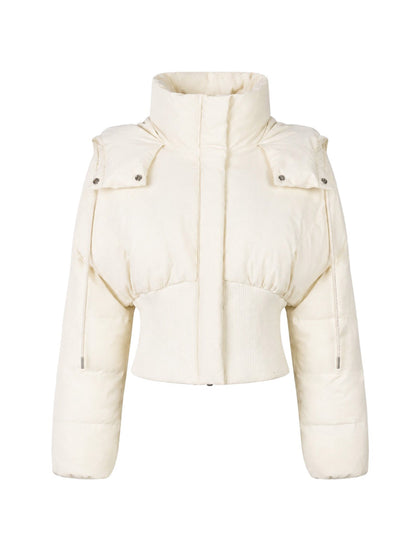 Drawstring Hood Rib Waist Cropped Puffer Coat for Women