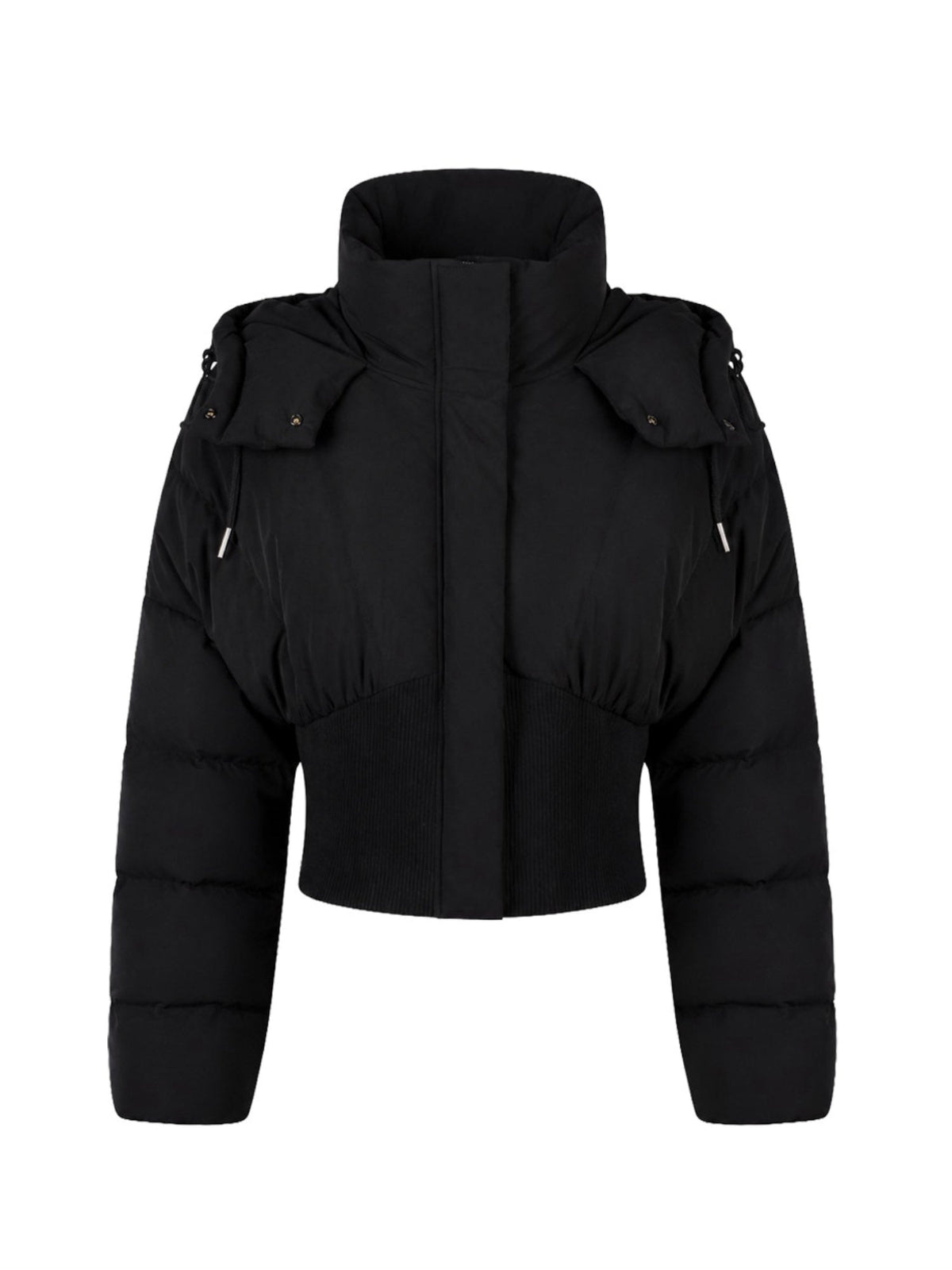 Drawstring Hood Rib Waist Cropped Puffer Coat for Women