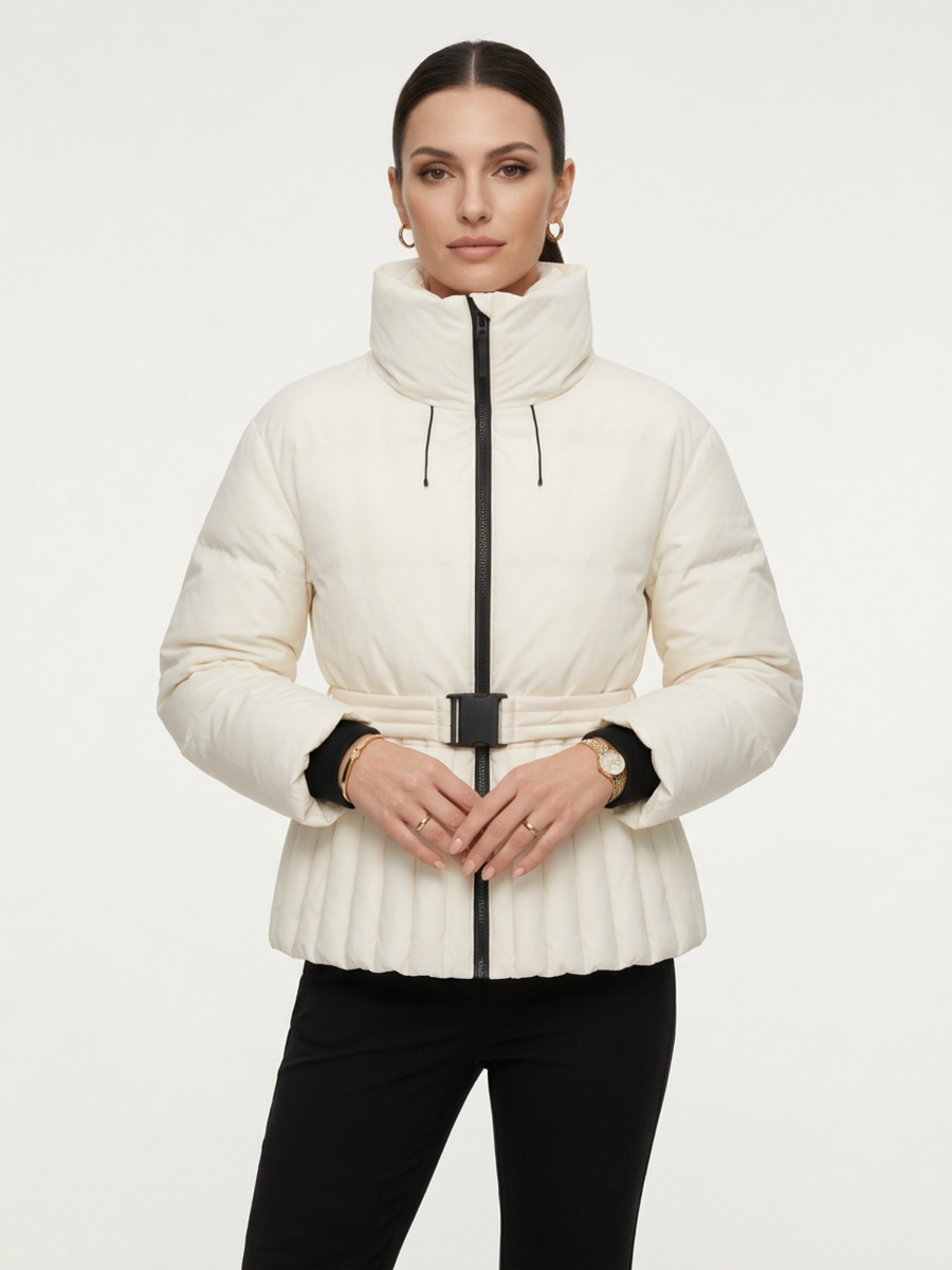 Long Sleeve Belt Waist Winter Puffer Jacket