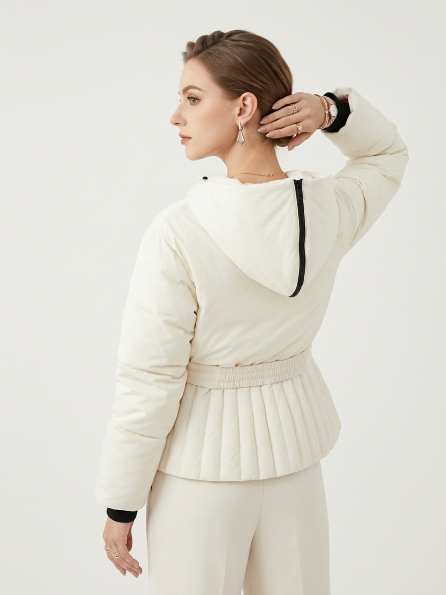 Long Sleeve Belt Waist Winter Puffer Jacket