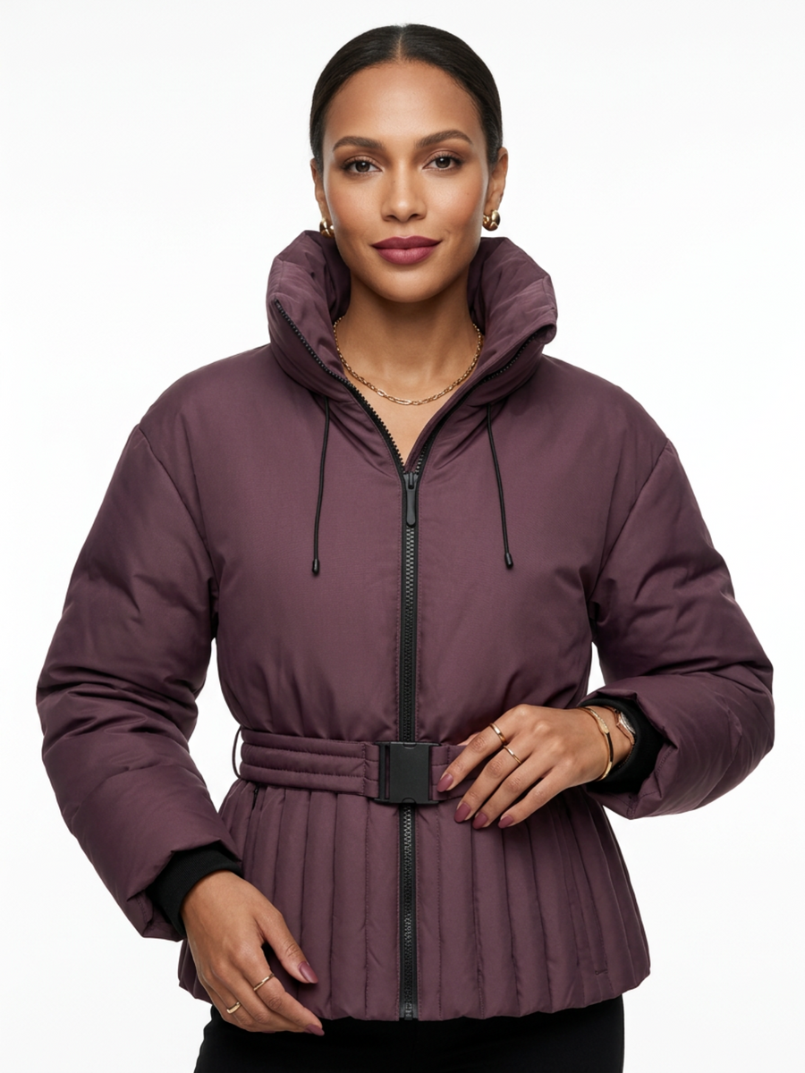 Long Sleeve Belt Waist Winter Puffer Jacket