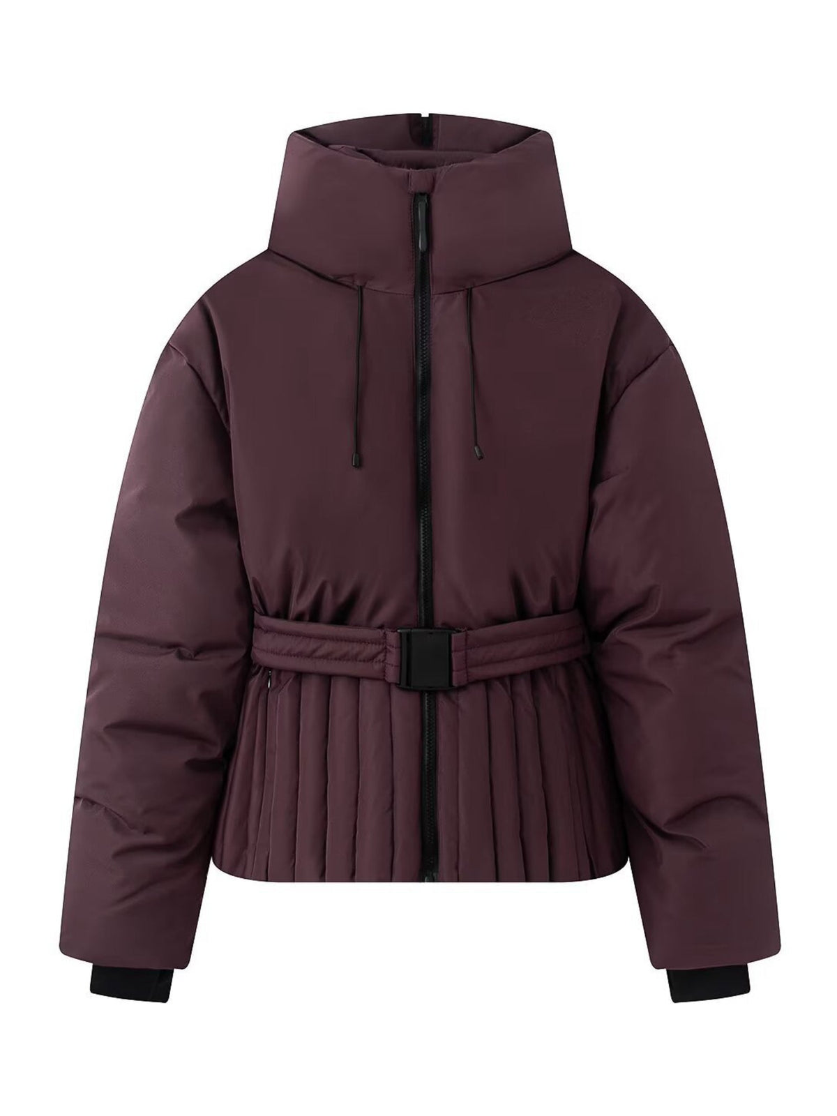 Long Sleeve Belt Waist Winter Puffer Jacket