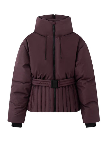 Long Sleeve Belt Waist Winter Puffer Jacket