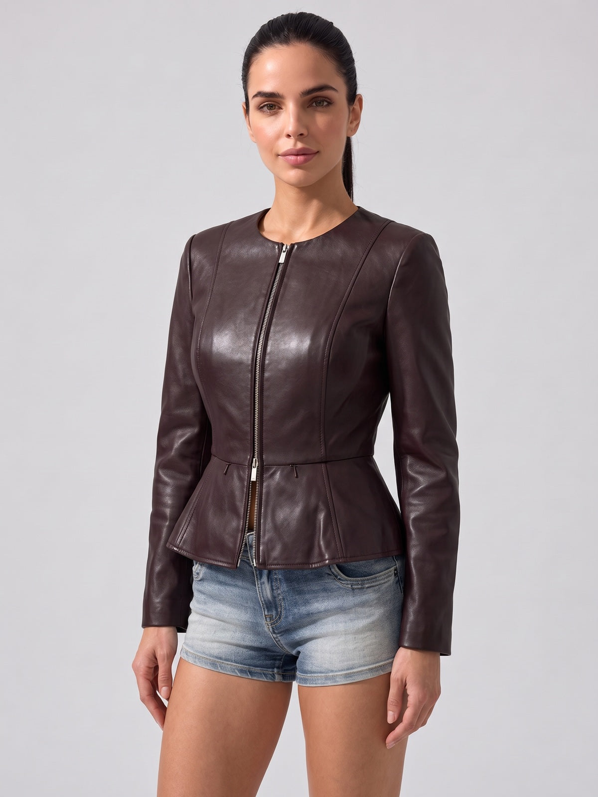Deep Burgundy Peplum Faux Leather Jacket