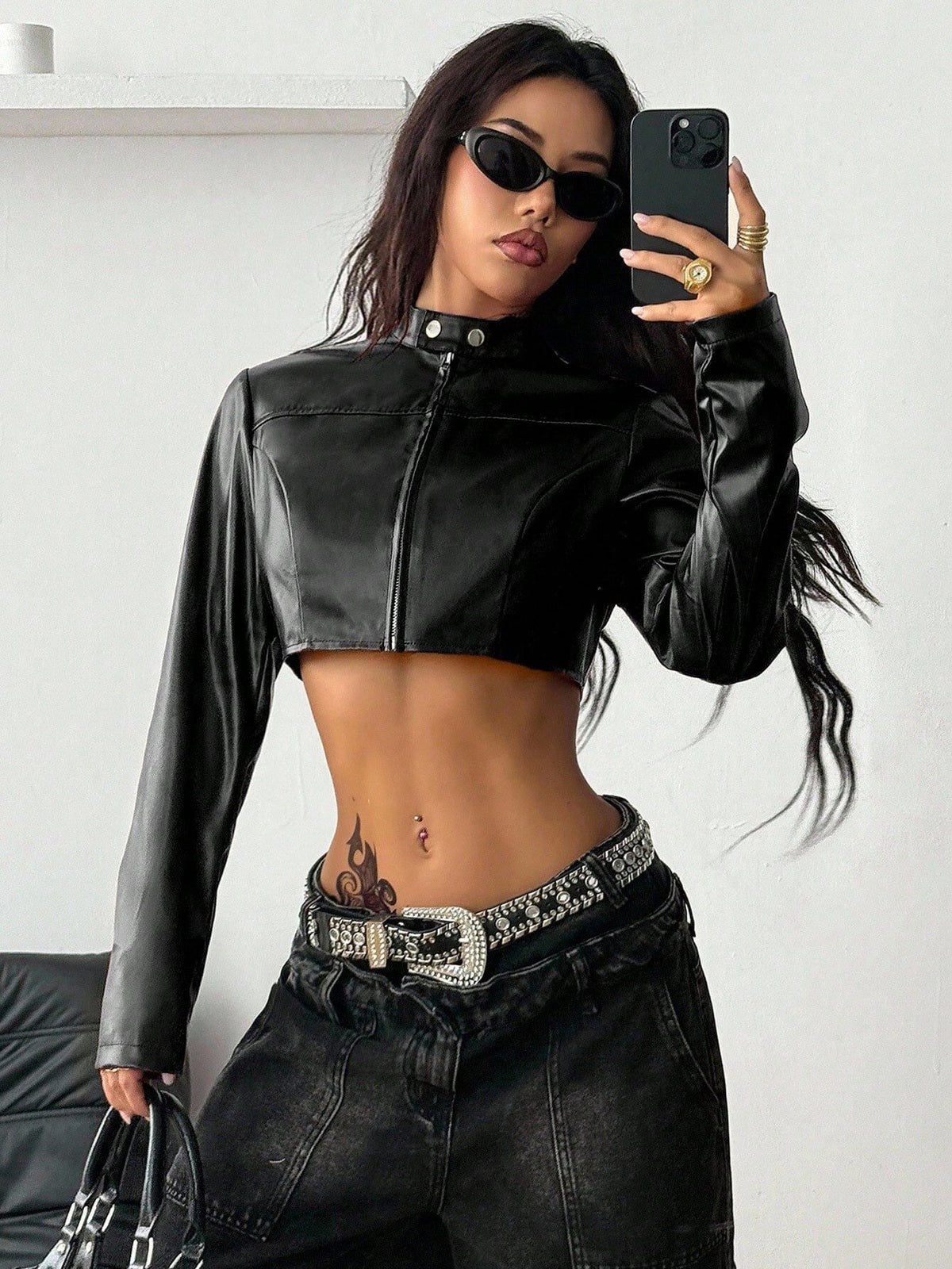 Cropped Faux Leather Stand Collar Zipper Jacket