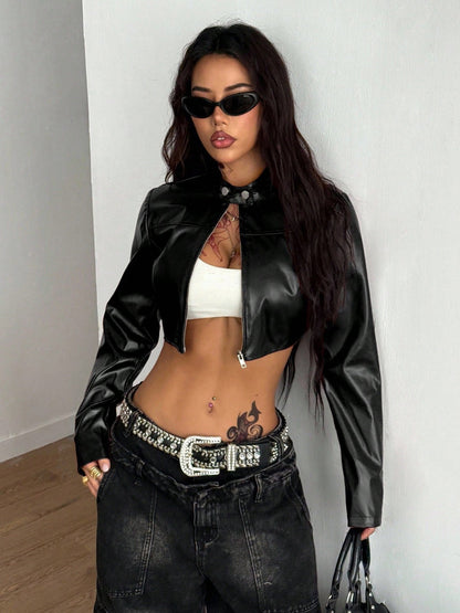 Cropped Faux Leather Stand Collar Zipper Jacket