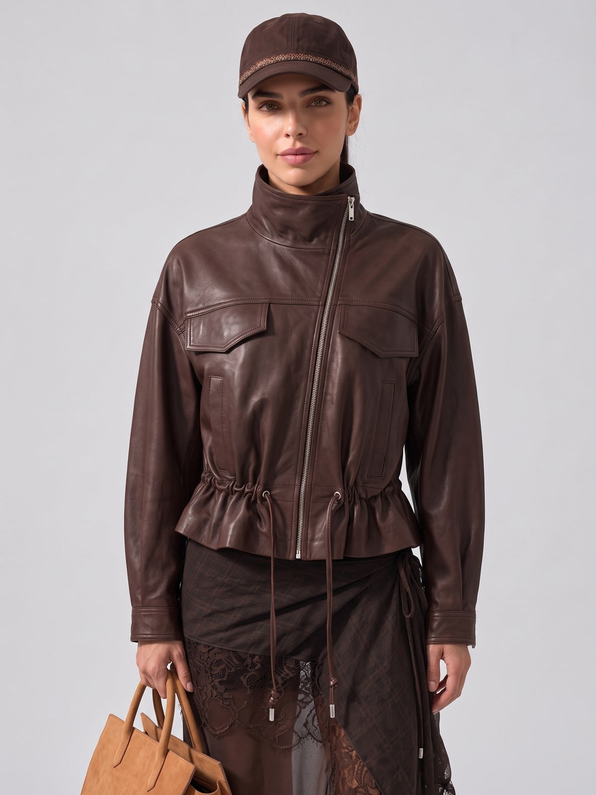 Women's Faux Leather Stand Collar Drawstring Waist Jacket