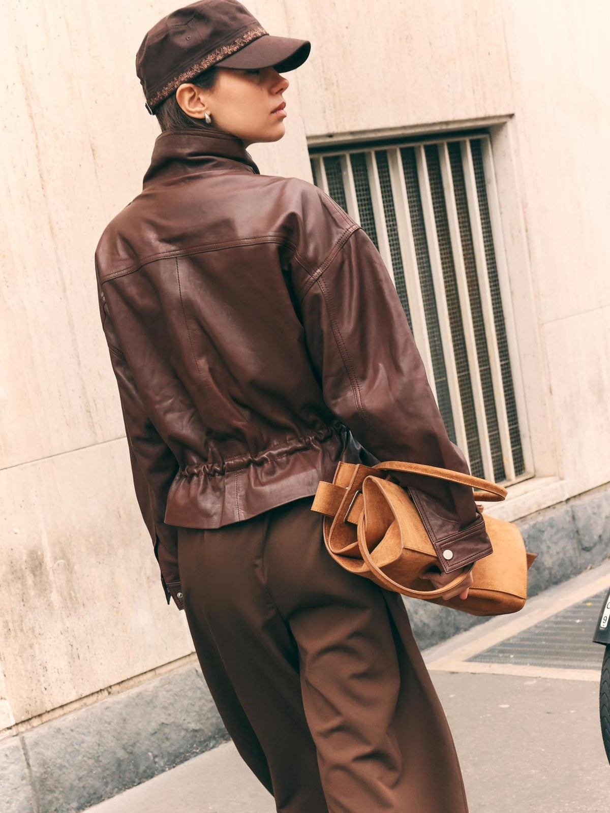 Women's Faux Leather Stand Collar Drawstring Waist Jacket