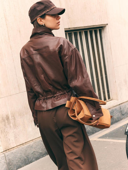 Women's Faux Leather Stand Collar Drawstring Waist Jacket