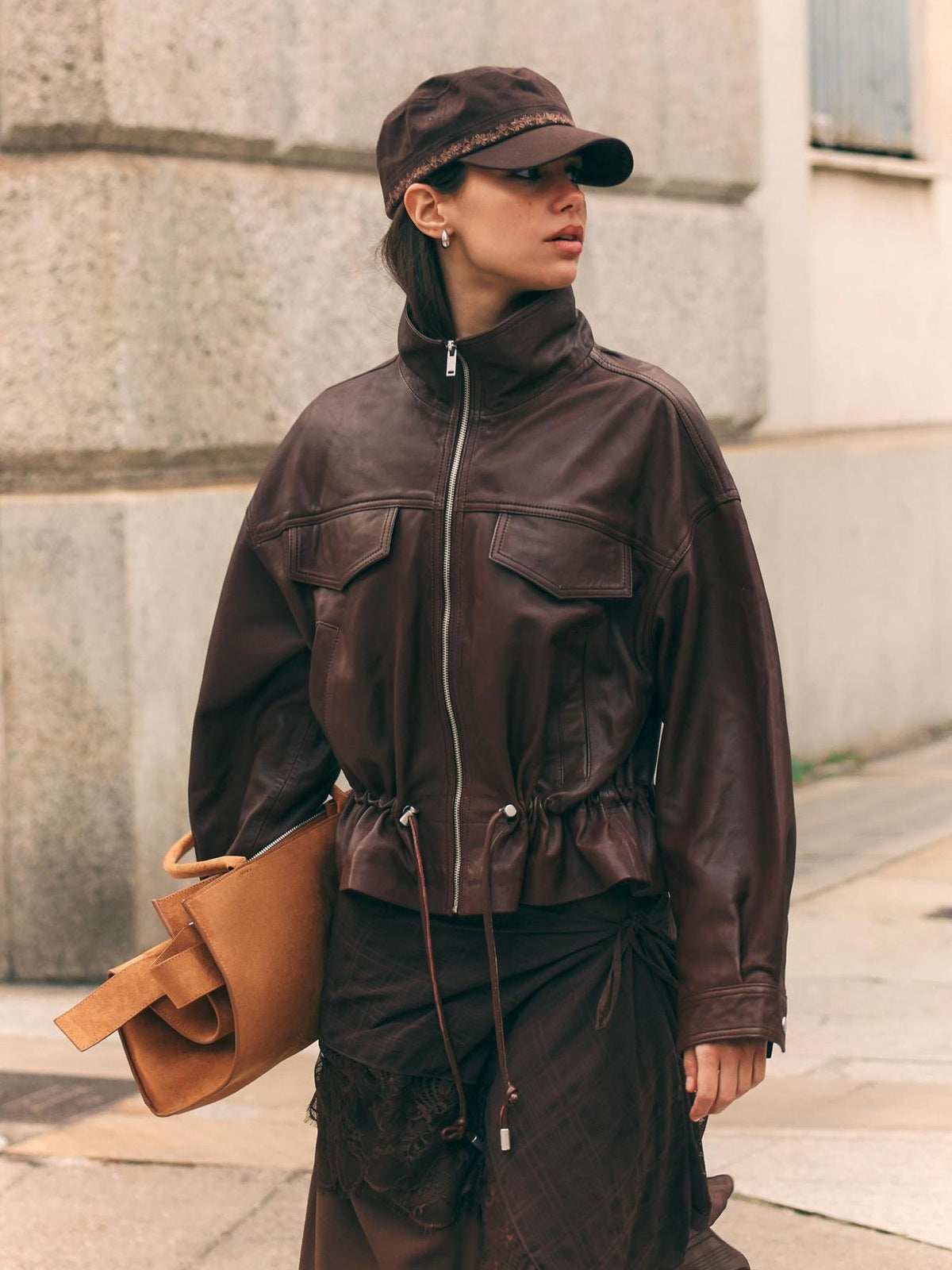 Women's Faux Leather Stand Collar Drawstring Waist Jacket