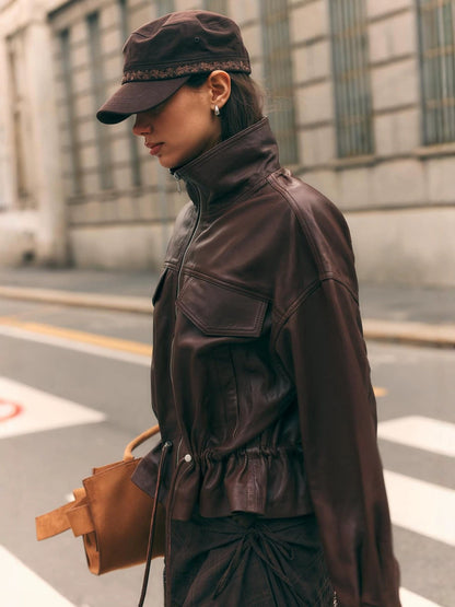 Women's Faux Leather Stand Collar Drawstring Waist Jacket