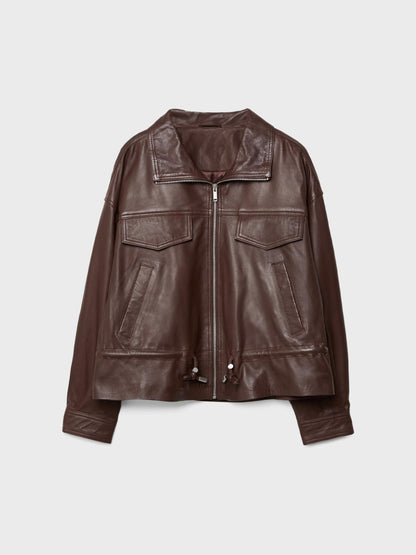 Women's Faux Leather Stand Collar Drawstring Waist Jacket