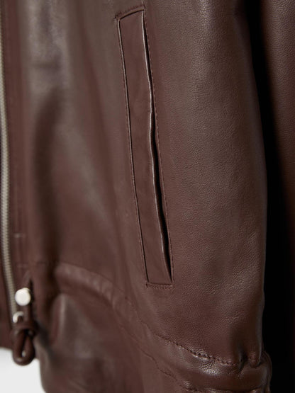 Women's Faux Leather Stand Collar Drawstring Waist Jacket