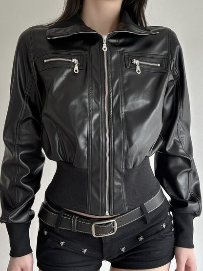 Edgy Cropped Faux Leather Bomber Jacket with Ribbed Trim