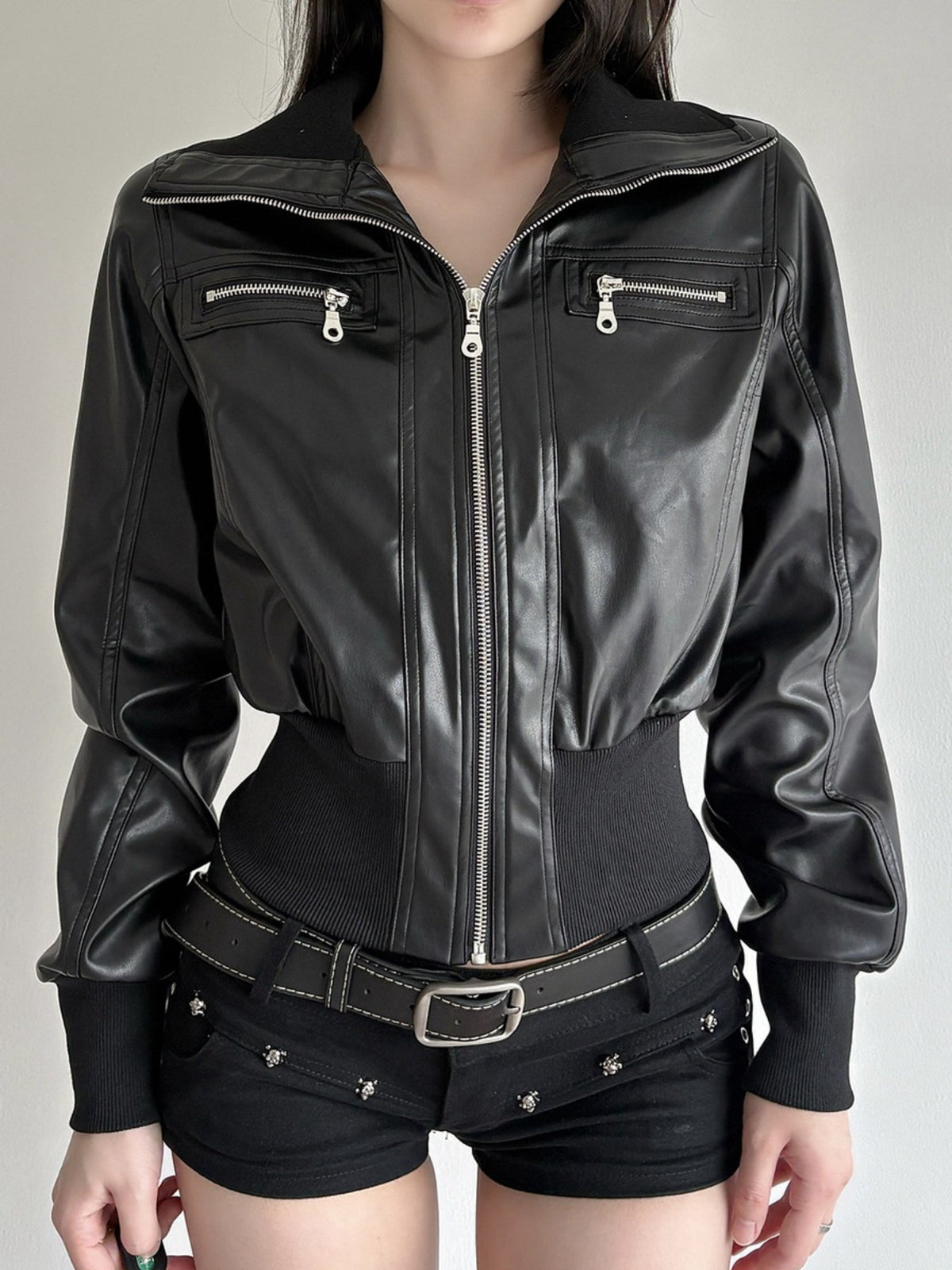 Edgy Cropped Faux Leather Bomber Jacket with Ribbed Trim