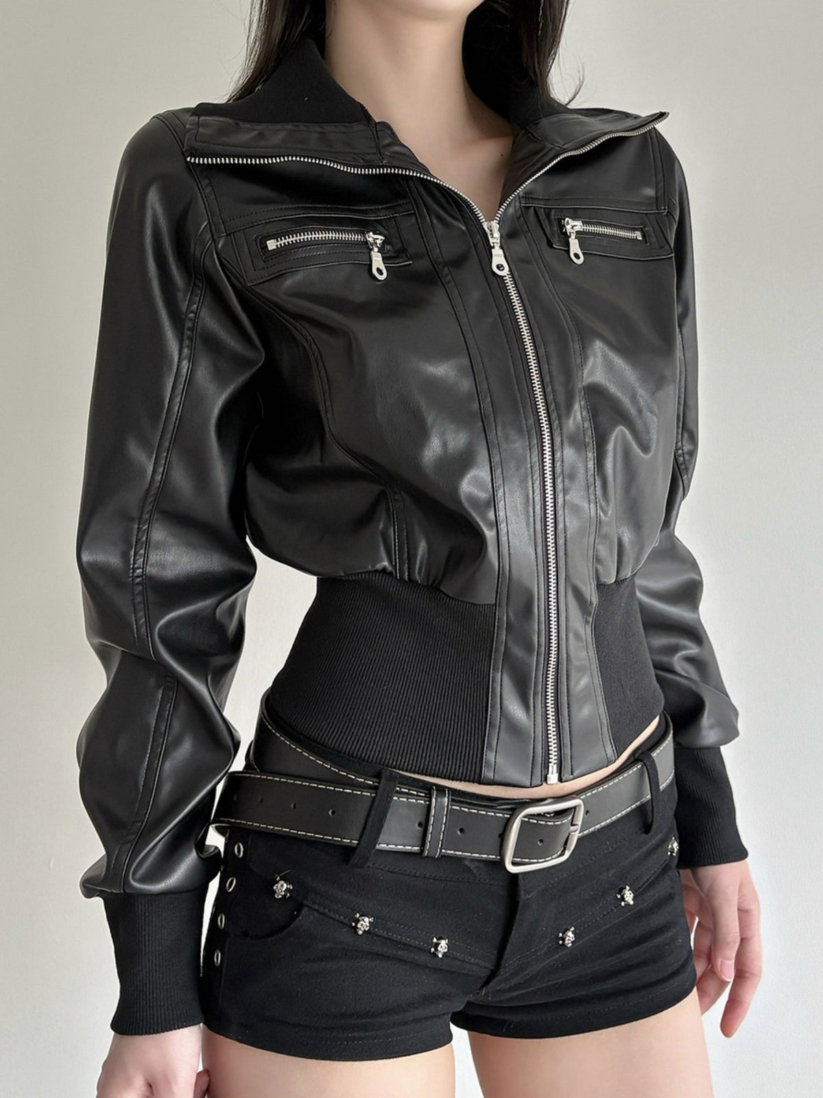 Edgy Cropped Faux Leather Bomber Jacket with Ribbed Trim