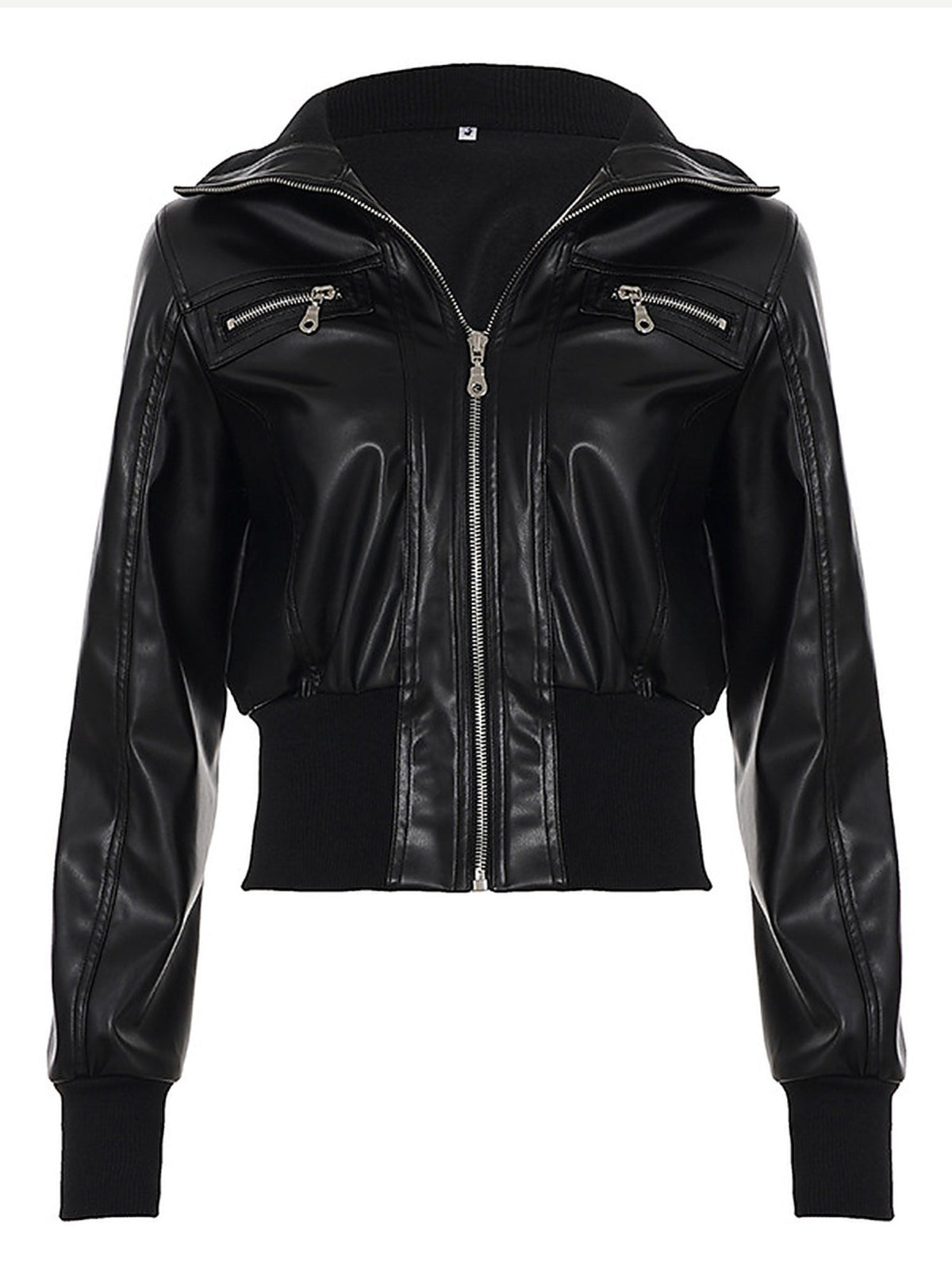 Edgy Cropped Faux Leather Bomber Jacket with Ribbed Trim