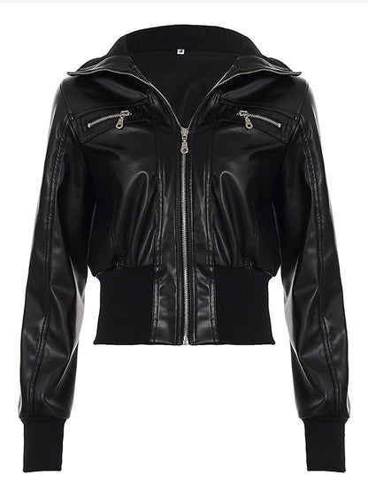 Edgy Cropped Faux Leather Bomber Jacket with Ribbed Trim