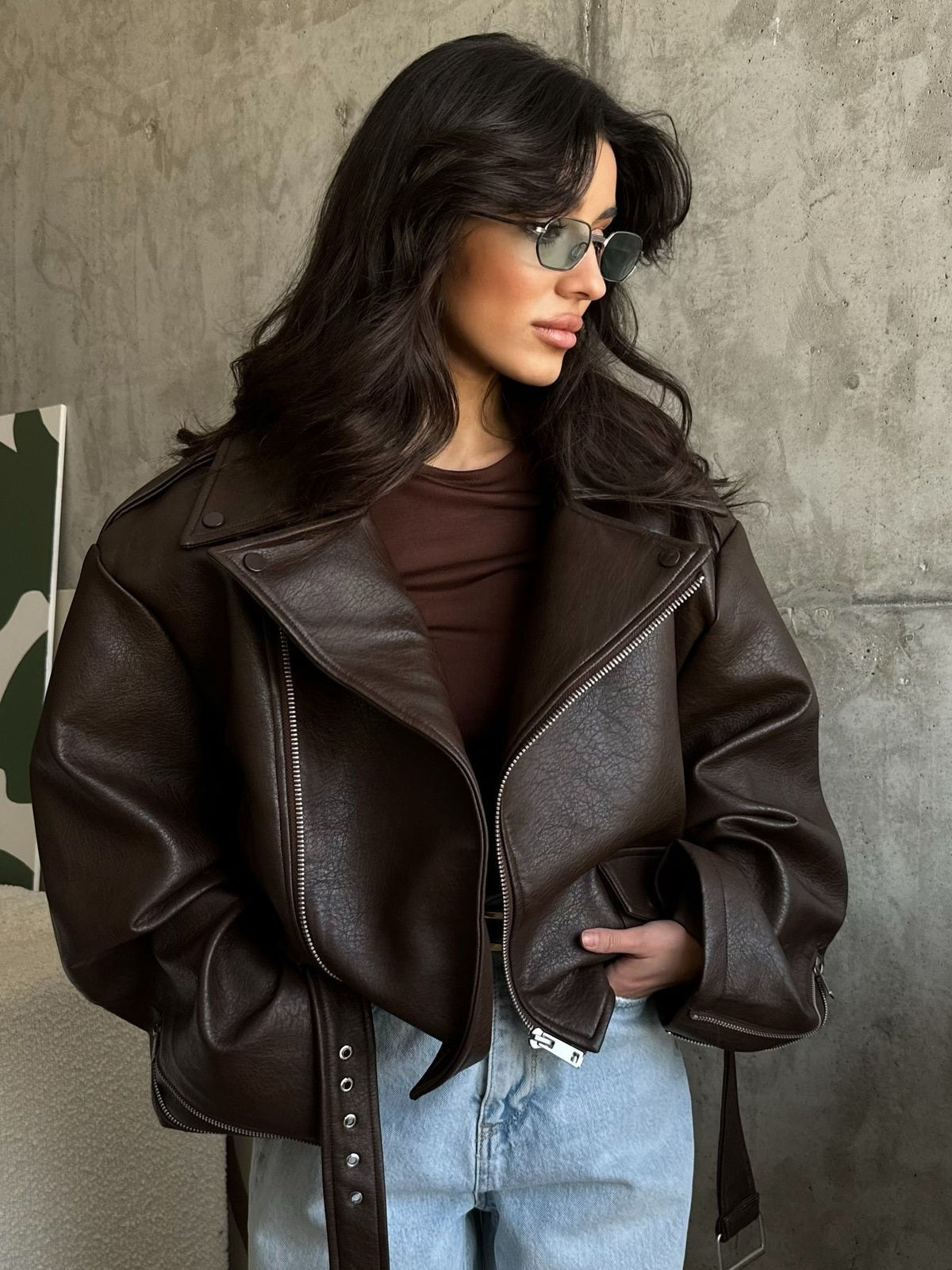 Oversized Faux Leather Biker Jacket with Belted Waist