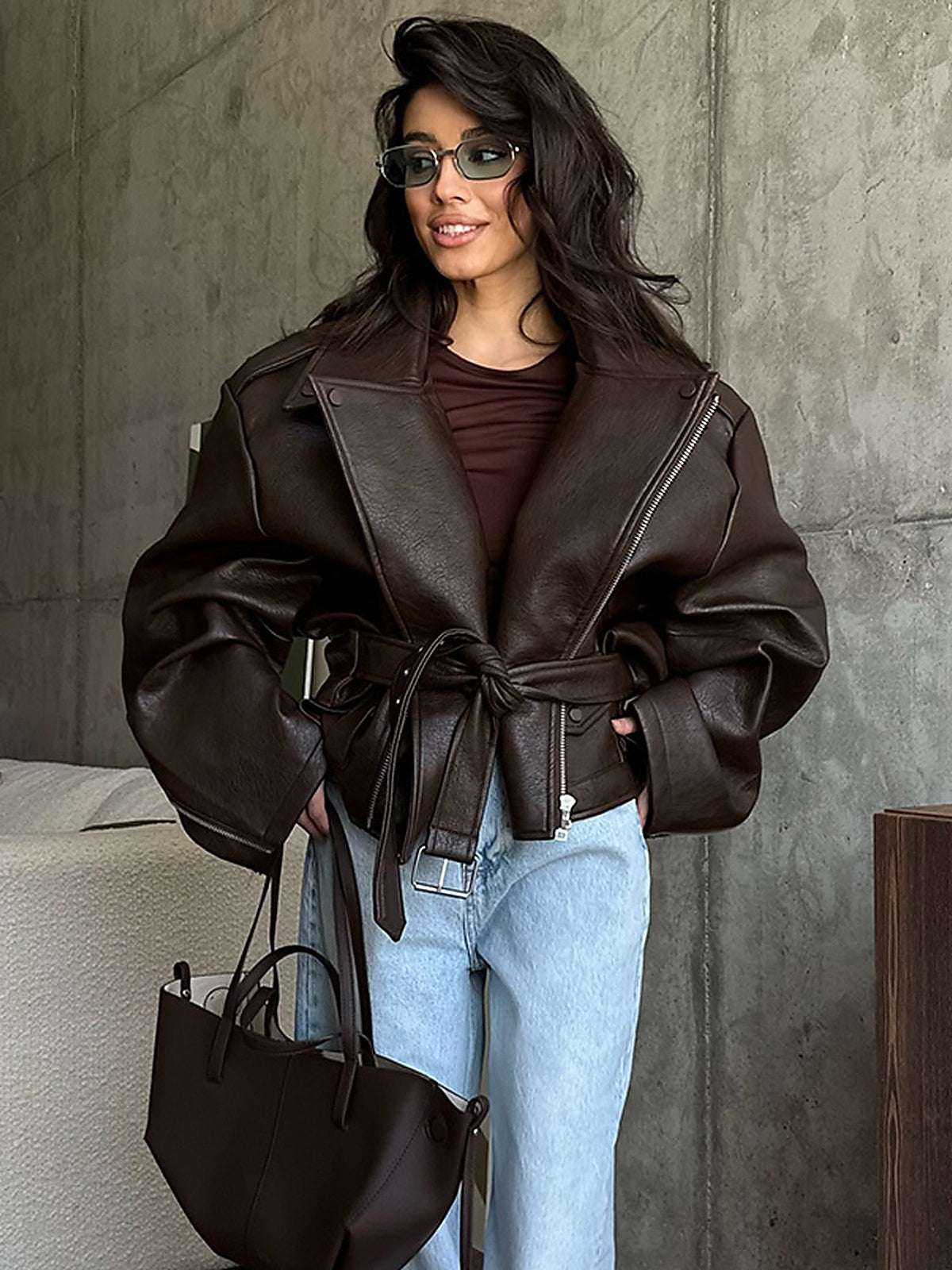Oversized Faux Leather Biker Jacket with Belted Waist