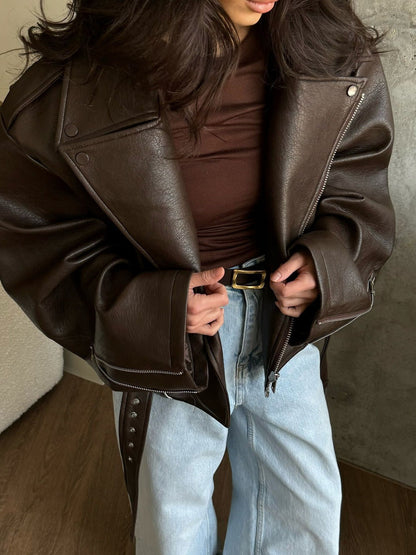 Oversized Faux Leather Biker Jacket with Belted Waist