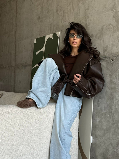 Oversized Faux Leather Biker Jacket with Belted Waist