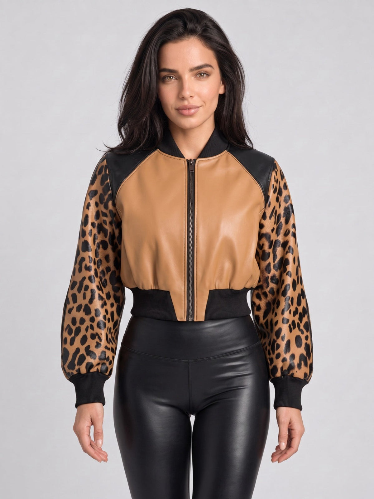 Leopard Print Faux Leather Colorblock Cropped Bomber Jacket