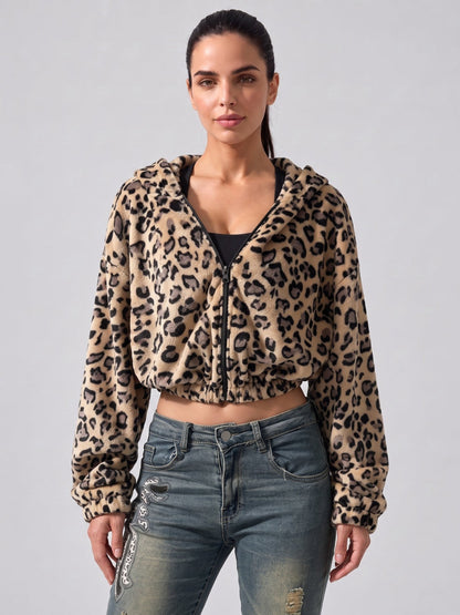 Women's Leopard Print Cropped Zip-Up Plush Hoodie