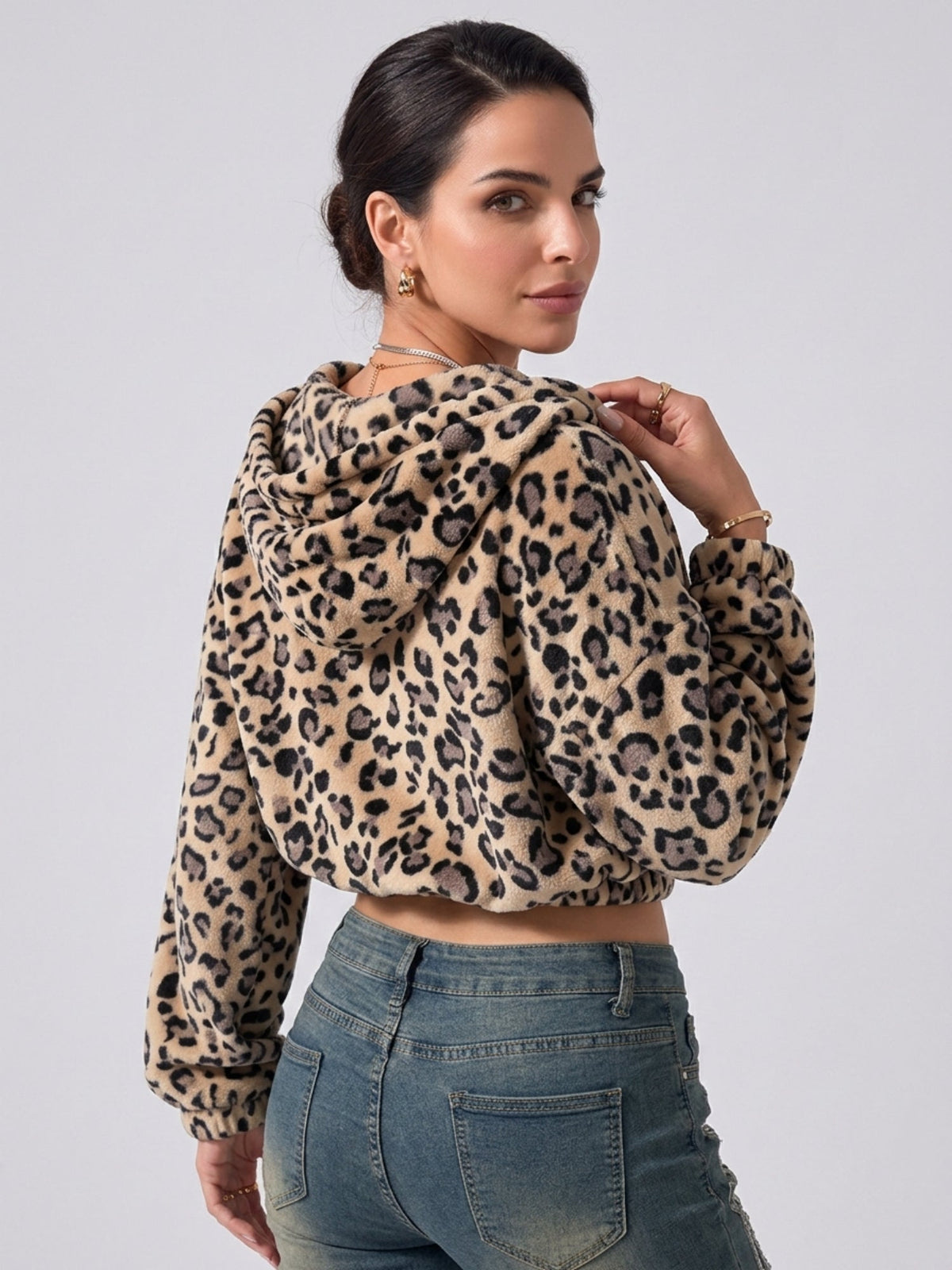 Women's Leopard Print Cropped Zip-Up Plush Hoodie