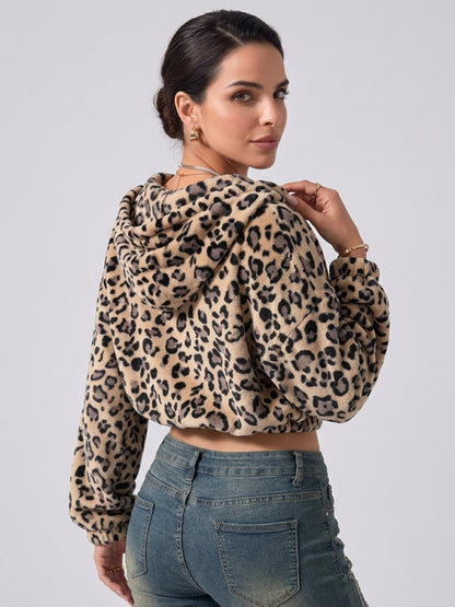 Women's Leopard Print Cropped Zip-Up Plush Hoodie
