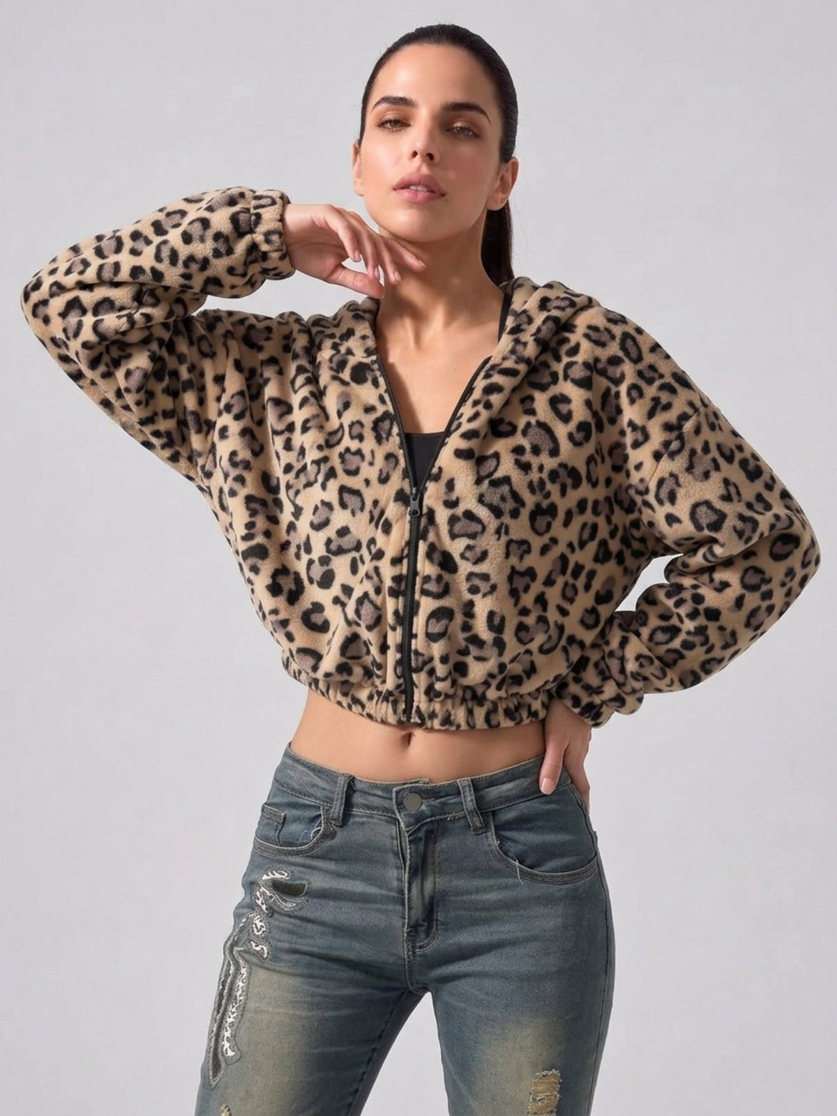 Women's Leopard Print Cropped Zip-Up Plush Hoodie