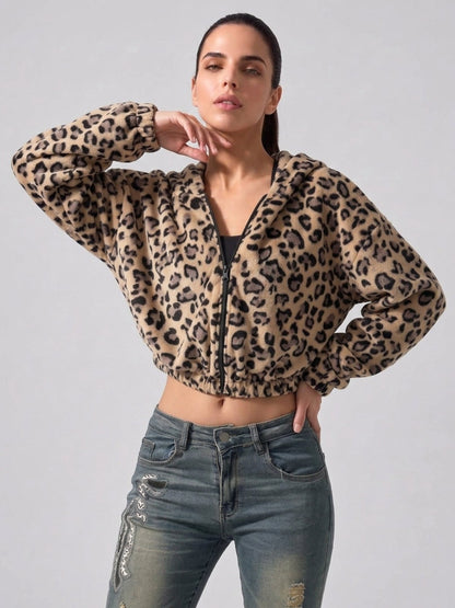 Women's Leopard Print Cropped Zip-Up Plush Hoodie