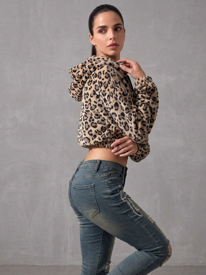 Women's Leopard Print Cropped Zip-Up Plush Hoodie