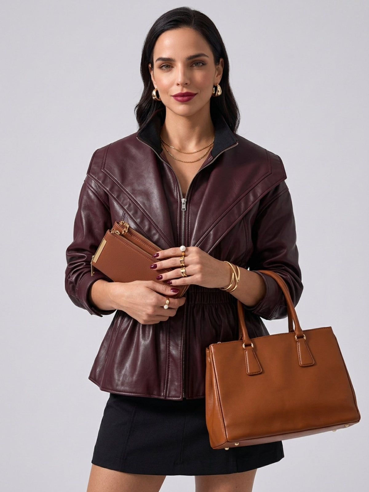 Women's Faux Leather Lantern Sleeve Cropped Jacket with Statement Collar