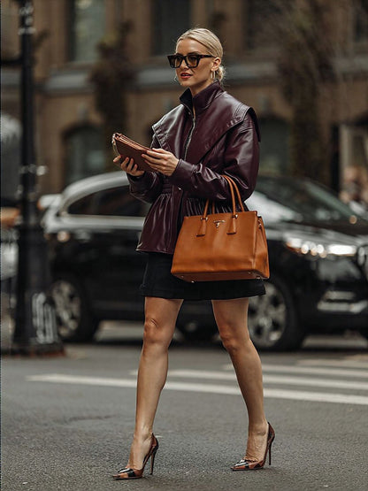 Women's Faux Leather Lantern Sleeve Cropped Jacket with Statement Collar
