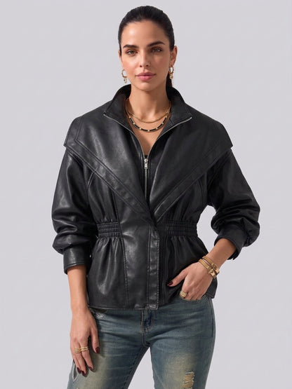 Women's Faux Leather Lantern Sleeve Cropped Jacket with Statement Collar