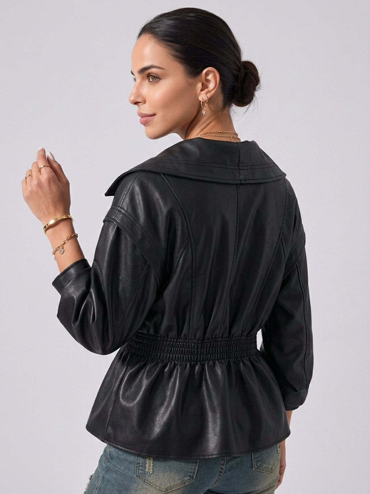 Women's Faux Leather Lantern Sleeve Cropped Jacket with Statement Collar