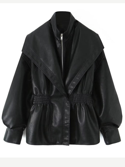 Women's Faux Leather Lantern Sleeve Cropped Jacket with Statement Collar