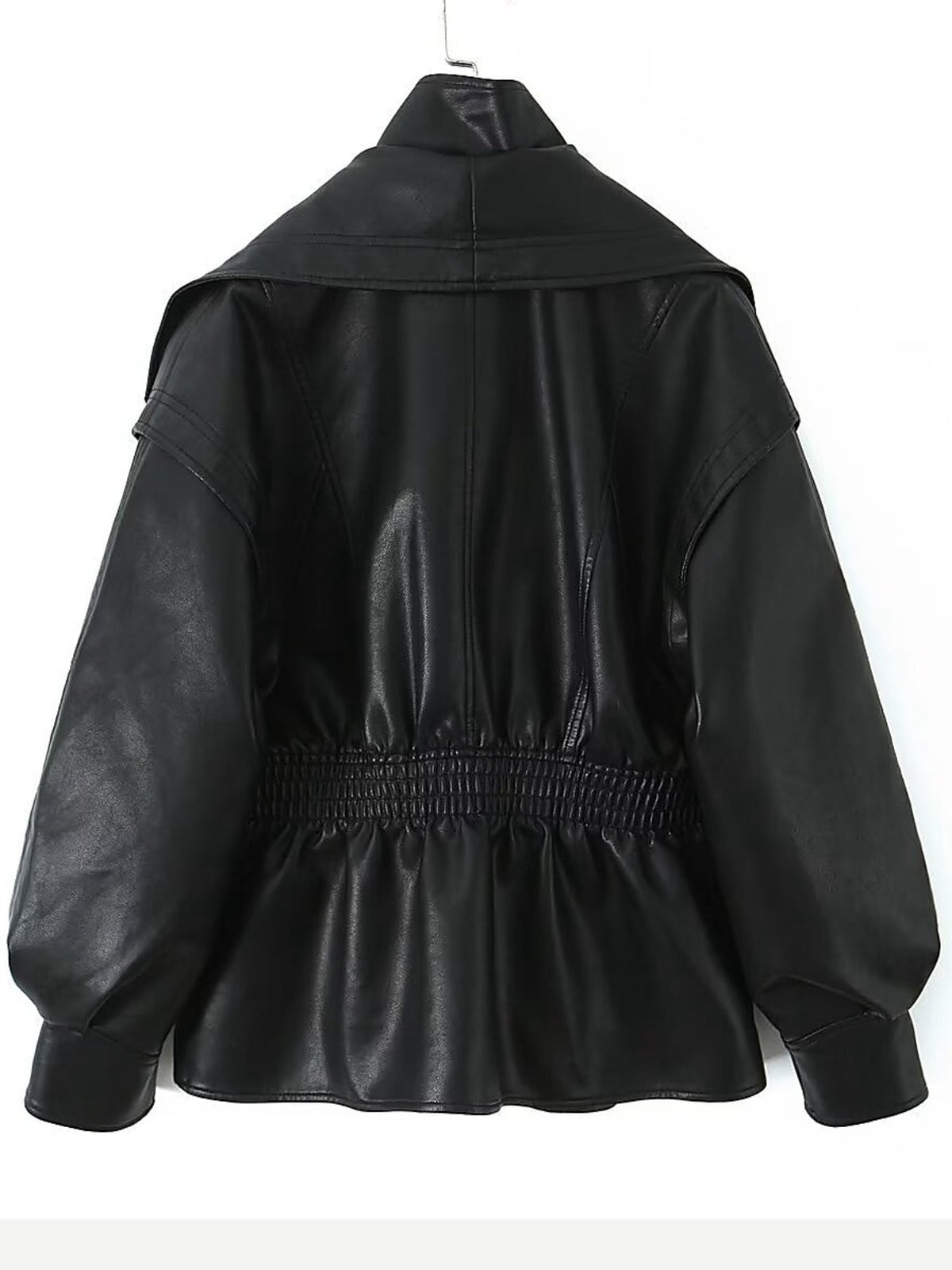 Women's Faux Leather Lantern Sleeve Cropped Jacket with Statement Collar
