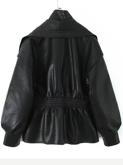 Women's Faux Leather Lantern Sleeve Cropped Jacket with Statement Collar
