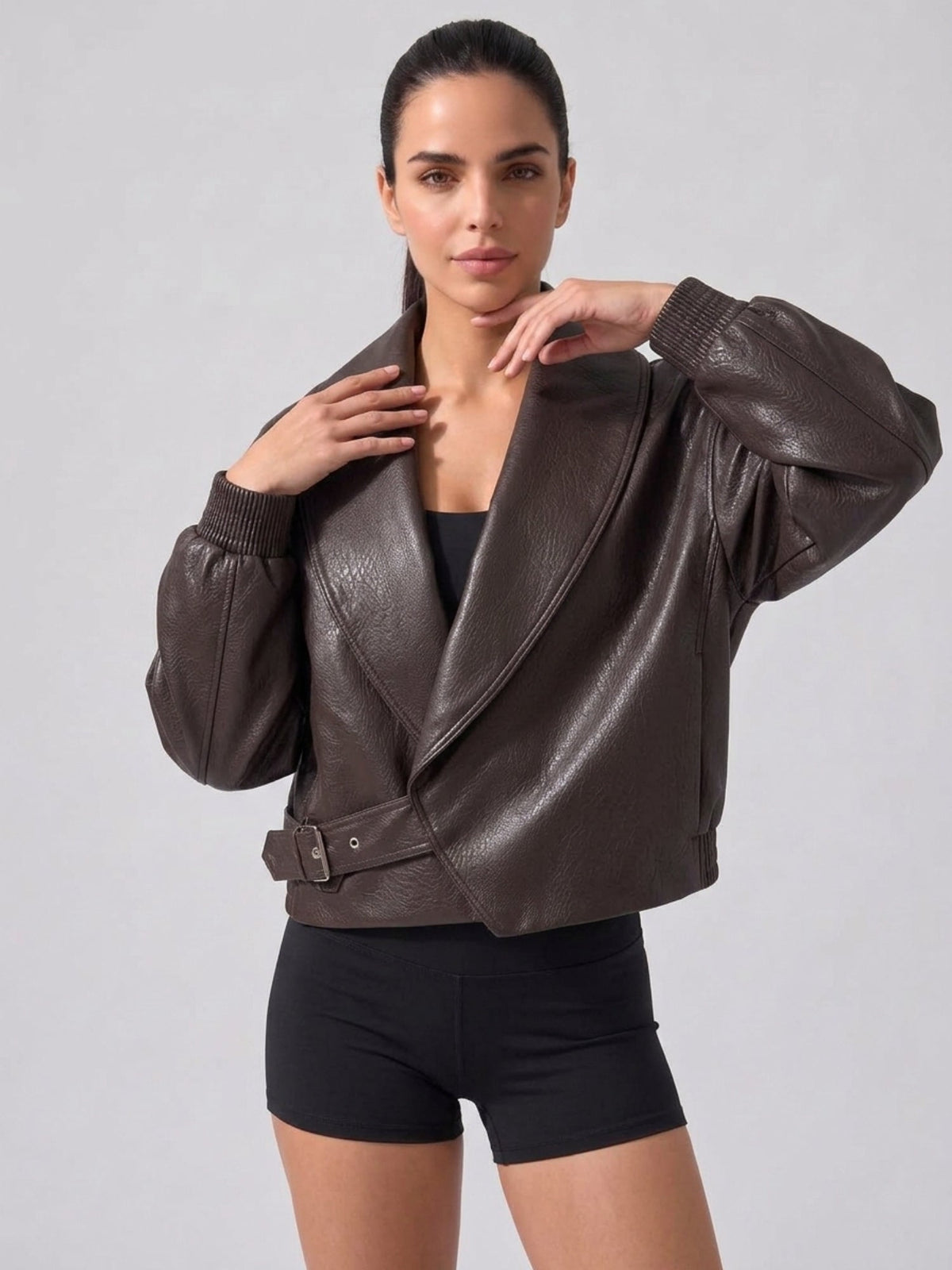 Women's Faux Leather Cropped Jacket with Wrap Front and Shawl Collar