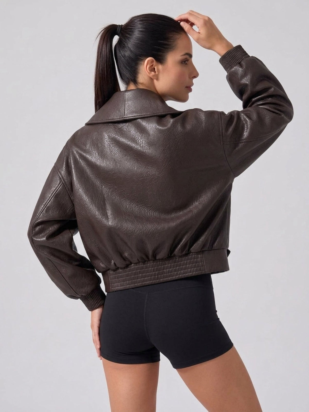 Women's Faux Leather Cropped Jacket with Wrap Front and Shawl Collar