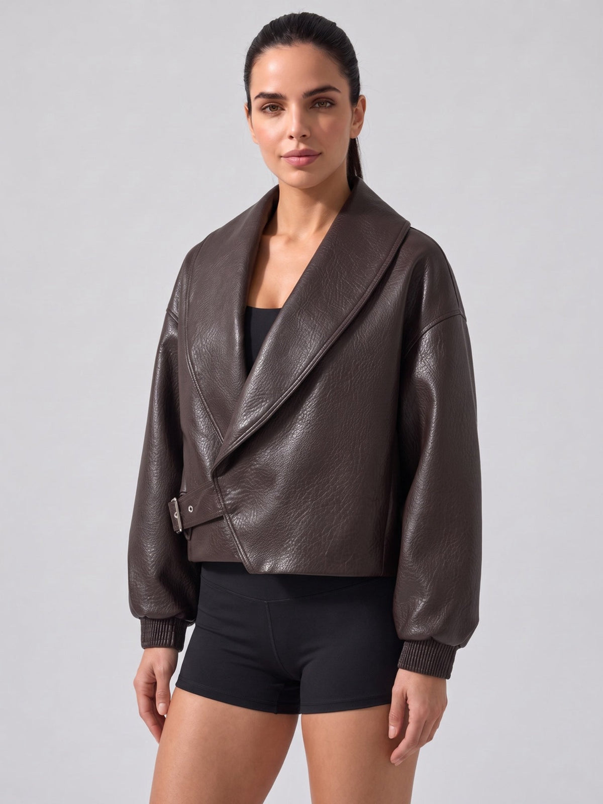 Women's Faux Leather Cropped Jacket with Wrap Front and Shawl Collar