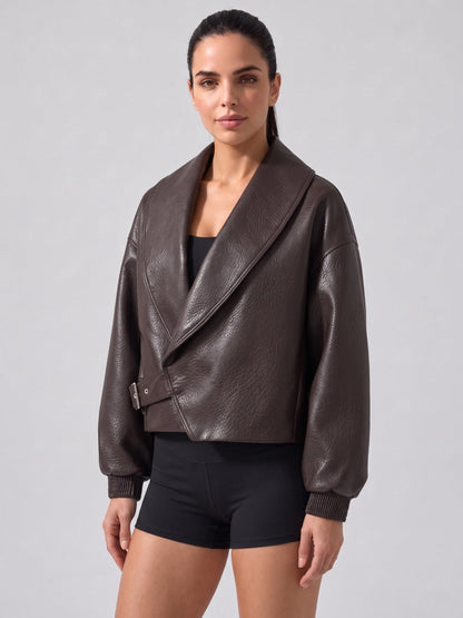 Women's Faux Leather Cropped Jacket with Wrap Front and Shawl Collar