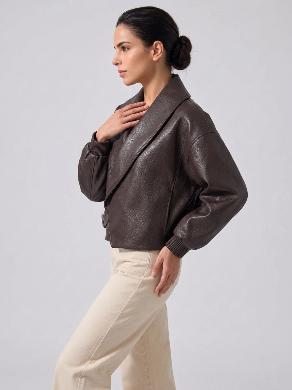 Women's Faux Leather Cropped Jacket with Wrap Front and Shawl Collar