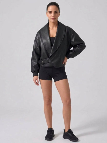 Women's Faux Leather Cropped Jacket with Wrap Front and Shawl Collar