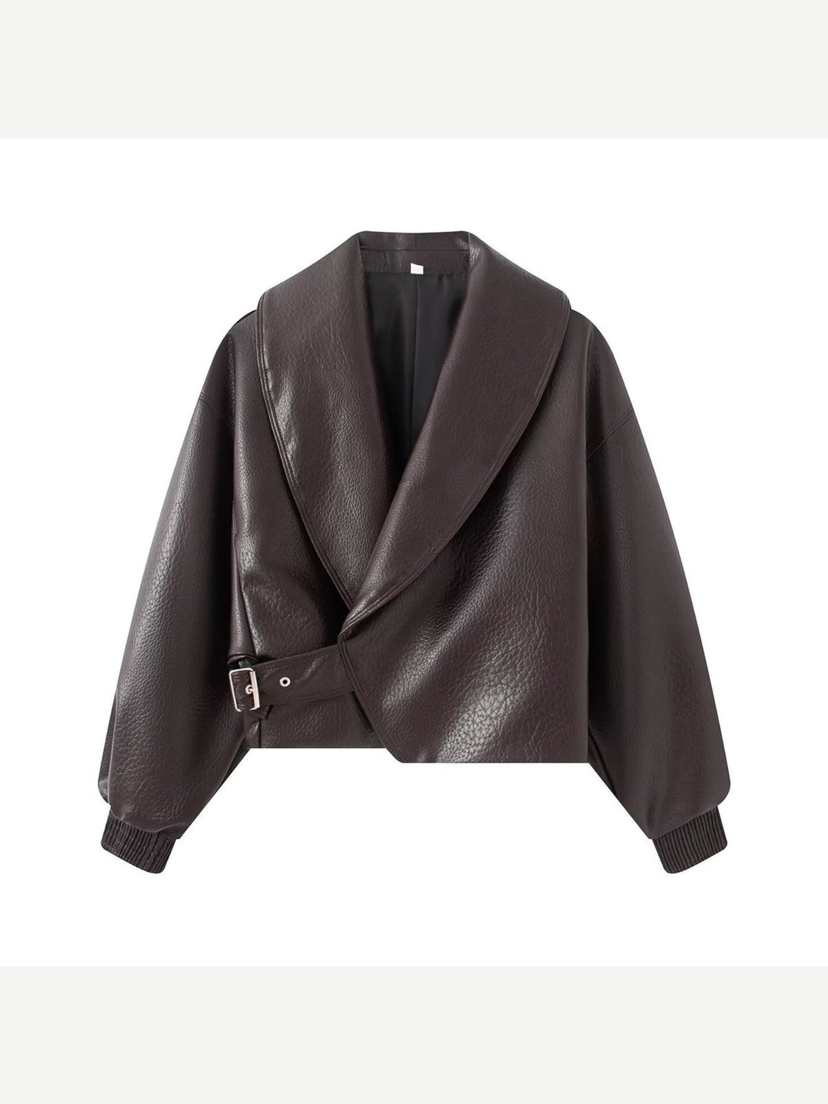 Women's Faux Leather Cropped Jacket with Wrap Front and Shawl Collar