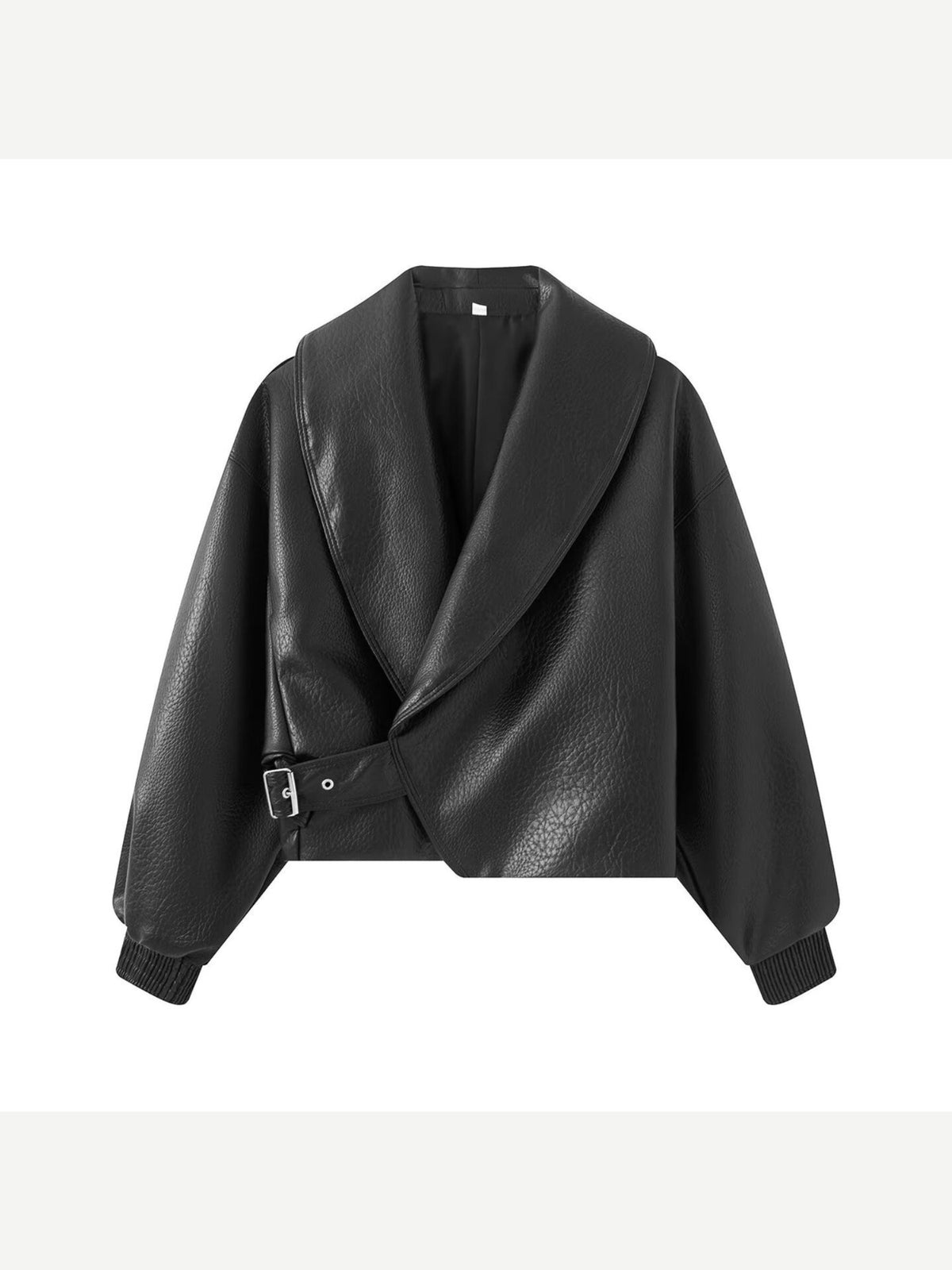 Women's Faux Leather Cropped Jacket with Wrap Front and Shawl Collar