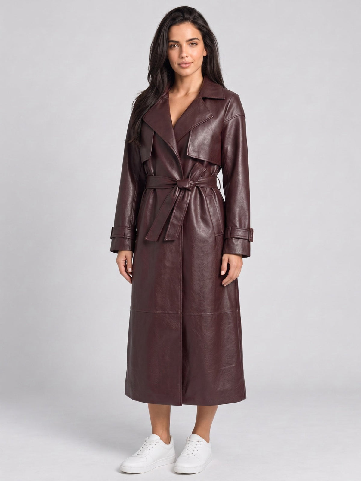 Women's Faux Leather Belted Long Trench Coat