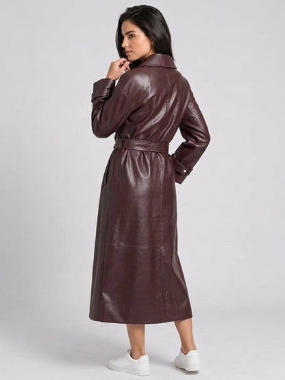 Women's Faux Leather Belted Long Trench Coat